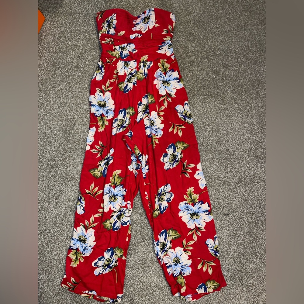 Floral Strapless Jumpsuit - Red